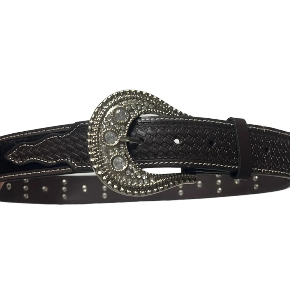 Rhinestone Calf Hair Belt Brown Large